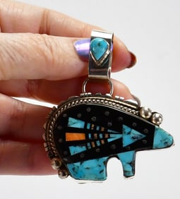 Ray Jack Sterling Silver Multi-Stone Inlay Bear Pendant