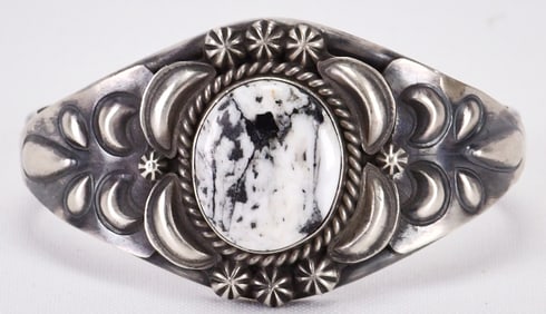 Navajo Sterling Silver Repousse White Buffalo Turquoise Cuff Bracelet