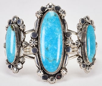 David Lopez Sterling Silver Kingman Turquoise 3 Stone Cuff Bracelet