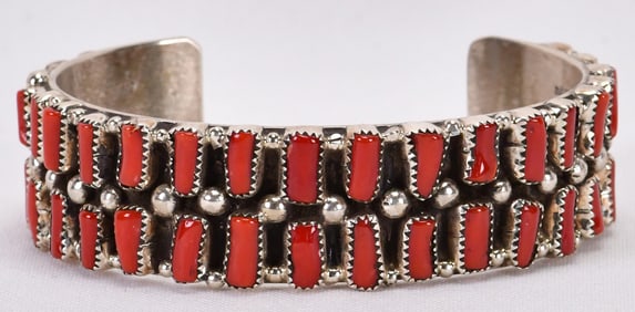 Navajo, M. Begay Sterling Silver Double Row Mediterranean Coral Bracelet