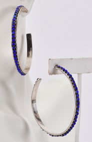 Zuni, Amazing Sterling Silver Lapis Lazuli Large Hoop Earrings