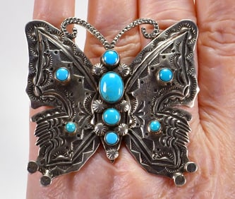 June Delgarito Large Sterling Kingman Turquoise Butterfly Ring - Size 9