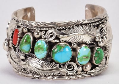 Mike Thomas, Jr. Sterling Heavy Sonoran Gold Turquoise Cuff w/Coral Accent