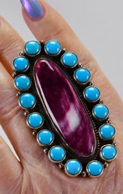 Geraldine James Sterling Spiny Oyster & Sleeping Beauty Turquoise Ring - Size Adjustable