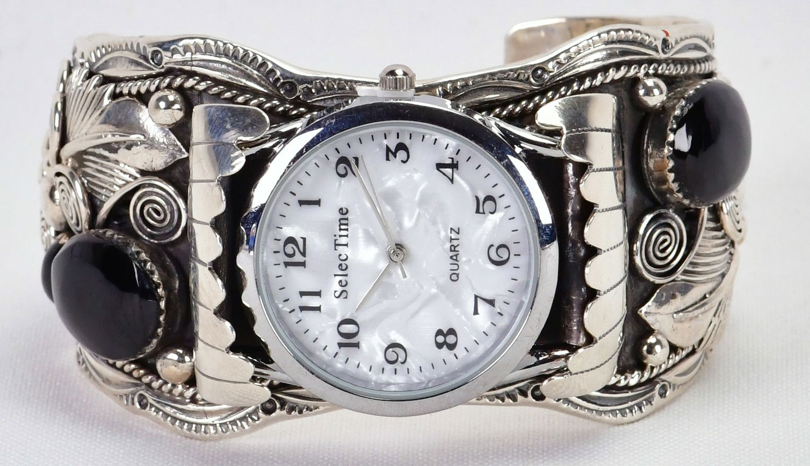 Darrell Morgan Sterling Silver Black Onyx Ornate Feather Watch Cuff (1 of 5)