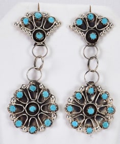 Zuni, Joan Cheama Sterling Silver Kingman Turquoise Drop Earrings