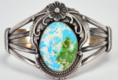 Navajo, Jimmy Lee Sterling Silver Sonoran Turquoise Cuff Bracelet