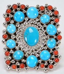 Tina Jones, Sterling Ornate Large Ring - Sleeping Beauty Turquoise & Coral -Adjustable
