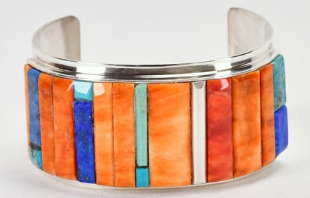Herman Smith Sterling Silver Multi-Stone Inlay Wide Cuff Bracelet