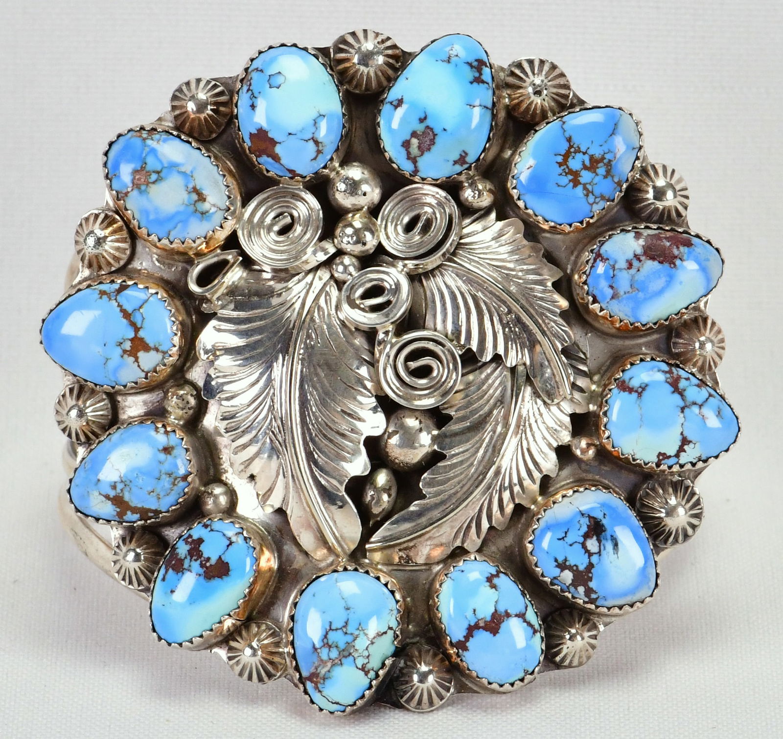 Native American Sterling Silver Golden Hills Turquoise Bracelet: Native American Sterling Silver Golden Hills Turquoise Cuff Bracelet| This is a Unique Stye piece with Gorgeous Turquoise Stones| Genuine Golden Hills Turquoise| Inside measures 5.75" plus a gap of 1.