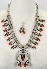 Louise Yazzie Sterling Silver Coral Squash Blossom Necklace Set