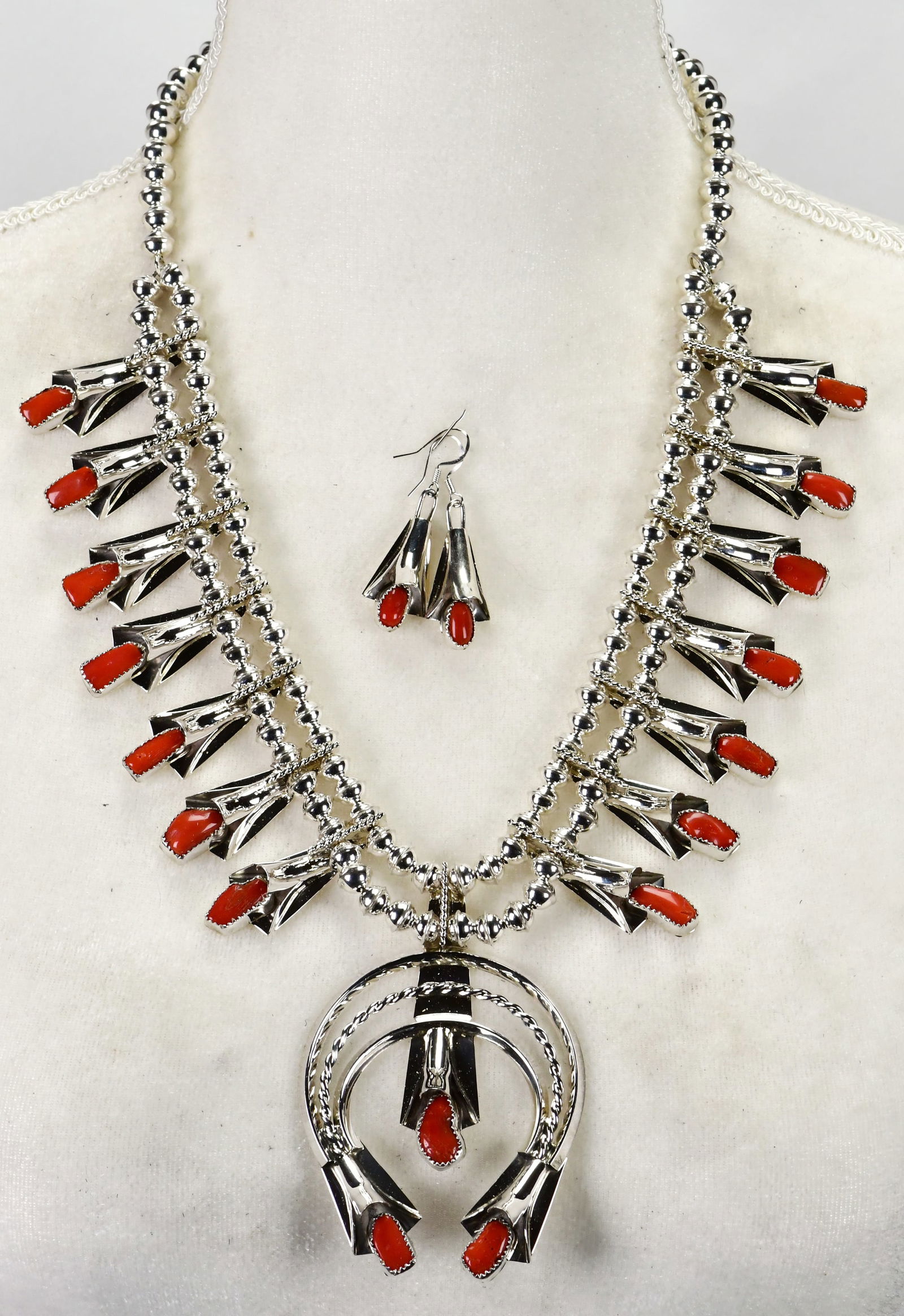 Louise Yazzie Sterling Silver Coral Squash Blossom Necklace Set