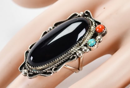 Navajo, Yazzie Sterling Silver Black Onyx Ring w/Accents - Size 6.5