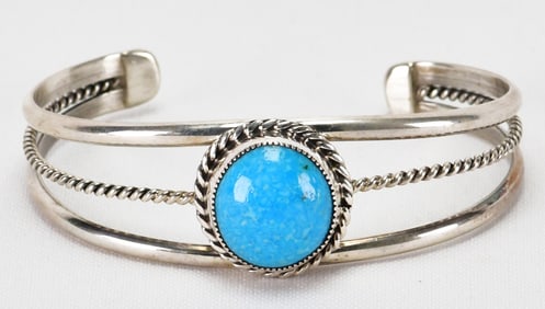 F. Benally Sterling Silver Kingman Turquoise Single Stone Cuff Bracelet