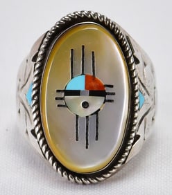 Zuni Sterling Silver Multi-Stone Sun Face Men's Ring - Size 13