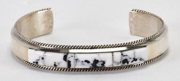 Navajo Sterling Silver White Buffalo Turquoise Inlay Cuff