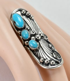 Native American Sterling Silver Nevada Turquoise Long Ring - Size 9