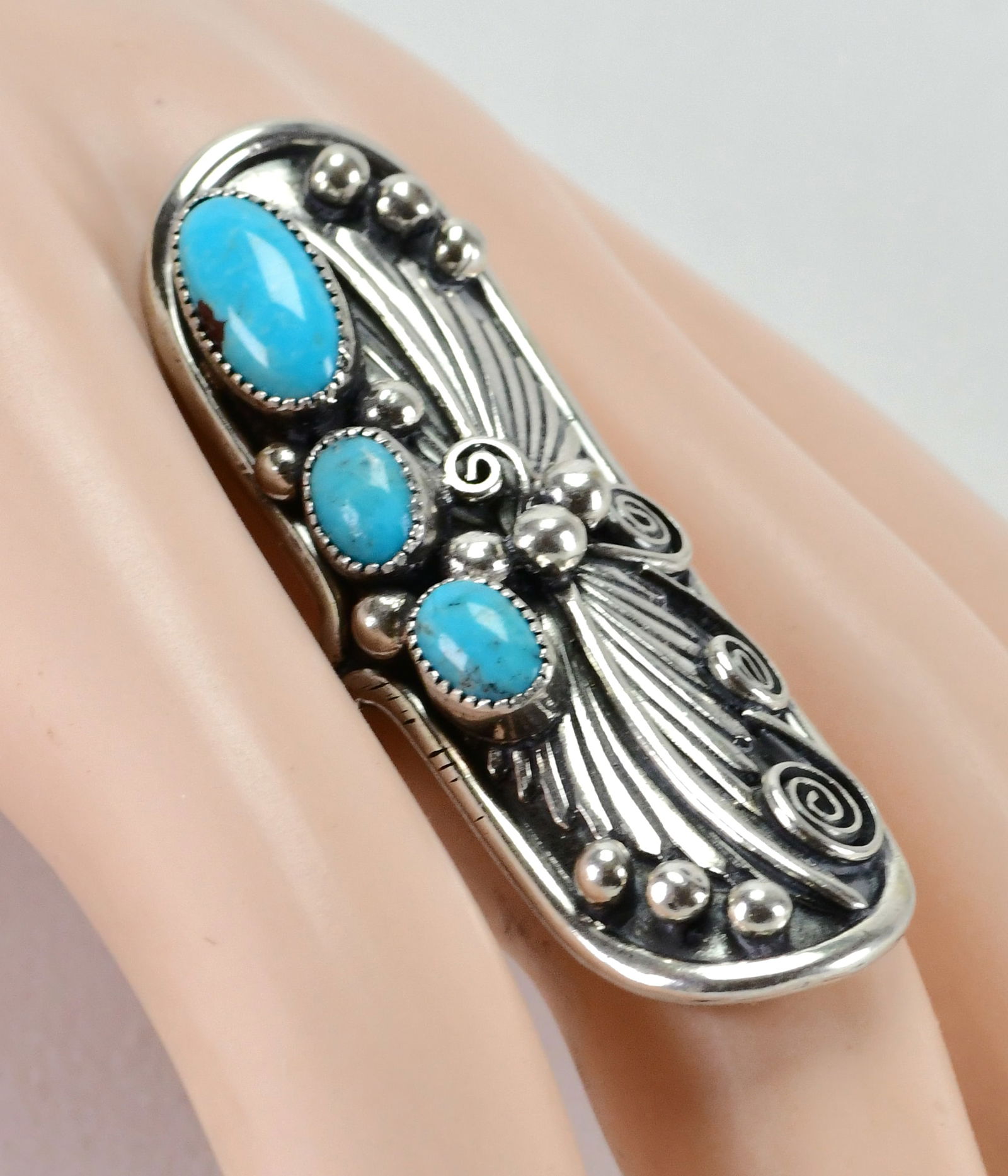 Native American Sterling Silver Nevada Turquoise Long Ring - Size 9 (1 of 4)