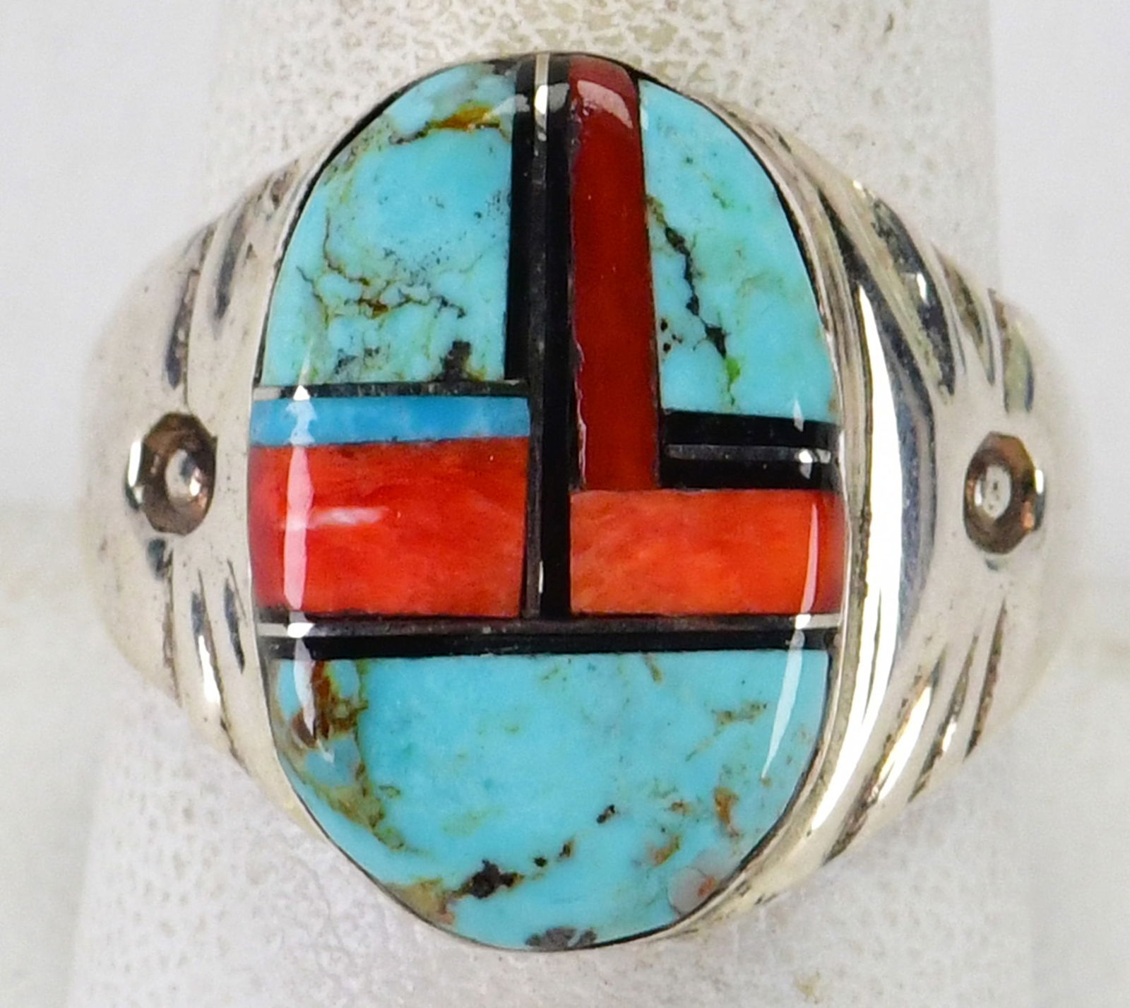 Navajo Sterling Silver Multi-Stone Inlay Men's Ring - Size 10 (1 of 4)