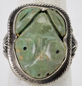 Native American Sterling Hand Carved Nevada Turquoise Frog Ring -Size 7