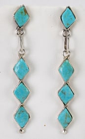 Zuni Sterling Silver Kingman Turquoise Dangle Diamond Shape Earrings