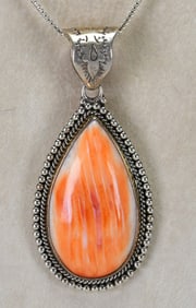 Native American Sterling Silver Spiny Oyster Teardrop Pendant