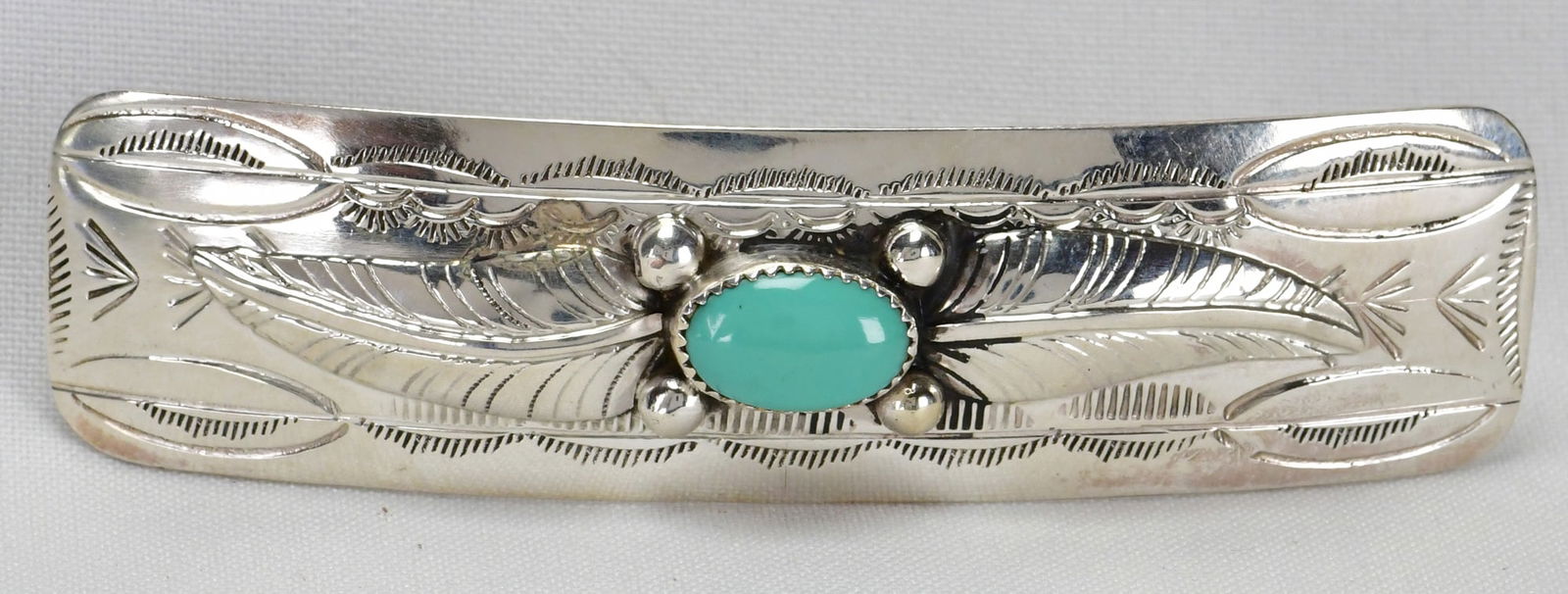 Navajo Sterling Silver Large Hair Barrette w/Nevada Turquoise and Feather Detail (1 of 4)