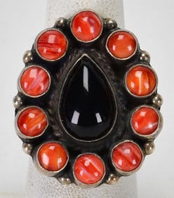 Delvin Brown Sterling Silver Black Onyx and Spiny Oyster Ring - Size 7.5