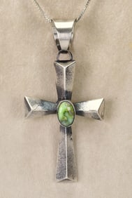 Navajo Ray Betsoi, Sterling Silver Sonoran Gold Turquoise Sand Cast Cross Pendant