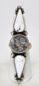 Robert Shakey Sterling Silver White Buffalo Turquoise Mercury Dime Ring - Size Adj.