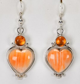 Native American Sterling Silver Spiny Oyster Heart Shape Earrings w/Amber accent