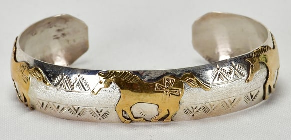 Vintage, Navajo, Sterling Silver & Gold Filled Story Teller Horse Bracelet