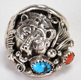 Navajo Sterling Silver Bear Head Men's Ring w/Turquoise & Coral - Size 9.5