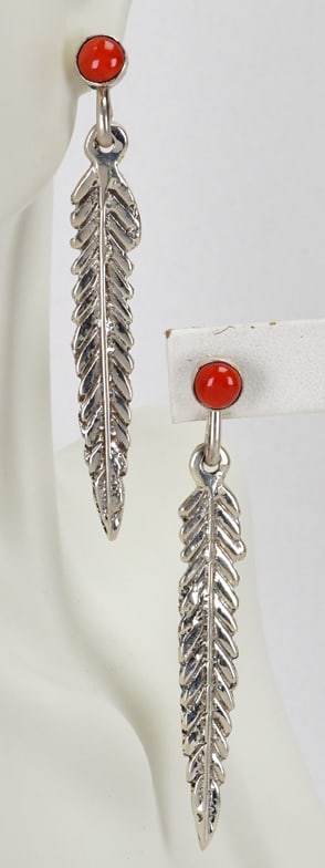 Mildred Parkhurst Sterling Silver Feather Earrings w/Mediterranean Coral: Sterling Silver| Mildred Parkhurst Sterling Silver Feather Dangle Earrings w/Mediterranean Coral Accent| Genuine Mediterranean Coral| Measures 3" in Length x 3/8" Wide| Hallmarked| Weigh 11.2 Grams| N