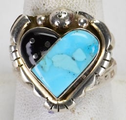 Ray Jack Sterling Silver Heart Shape Turquoise & Onyx Ring - Size 9 (1 of 2)