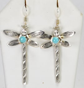 Native American Sterling Silver Dragonfly Earrings w/Turquoise Accent