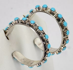 Zuni, JoAnn Cheama Sterling Silver Sleeping Turquoise Beauty Hoop Earrings