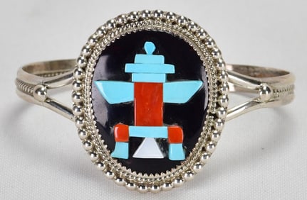 Zuni, Bev Etsate Sterling Silver Kachina Dancer Inlay Multi-Stone Cuff Bracelet