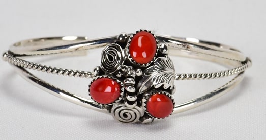Navajo, Phyllis Smith, Sterling Silver Mediterranean Coral Cuff Bracelet