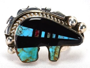 Navajo, Ray Jack Sterling Silver Turquoise & Jet Inlay Bear Ring - Size 6.5