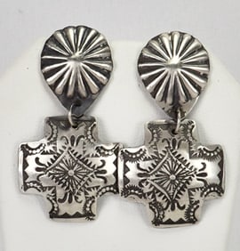 Vincent Platero Sterling Silver Hand Stamped Cross Drop Earrings