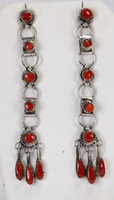 Zuni, Viola and Jacob Bobelu Sterling Silver Coral Dangle Earrings