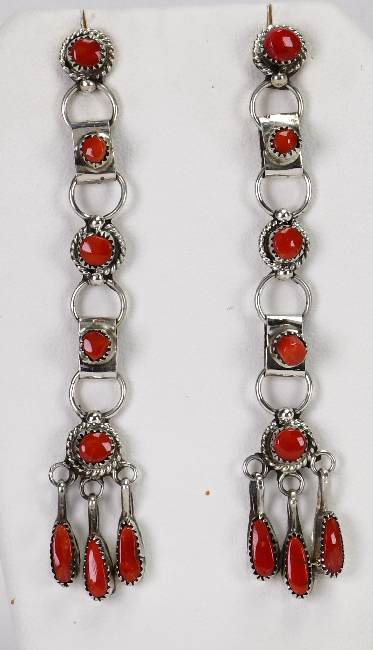 Zuni, Viola and Jacob Bobelu Sterling Silver Coral Dangle Earrings (1 of 3)
