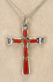 Zuni, Wilbur Iule, Sterling Silver Coral Cross Pendant