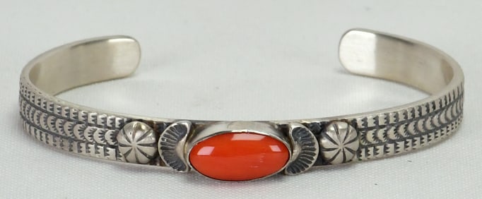 Mary Ann Spencer Sterling Silver Mediterranean Coral Stamped Stacker Cuff Bracelet
