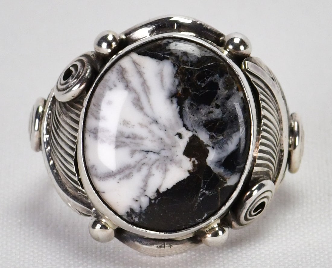 Darrell Morgan Sterling Silver White Buffalo Turquoise Men's Ring - Size 13.5 (1 of 4)