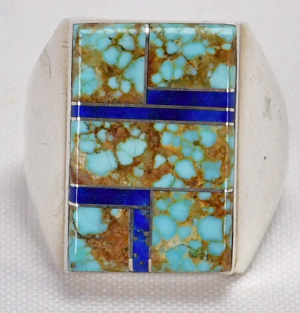 Native American Number 8 Turquoise & Blue Lapis Inlay Men's Ring - Size 11 (1 of 4)
