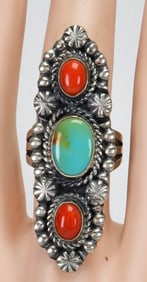 Jeff James, Jr. Sterling Silver Kingman Turquoise & Coral Ring - Size 8.5