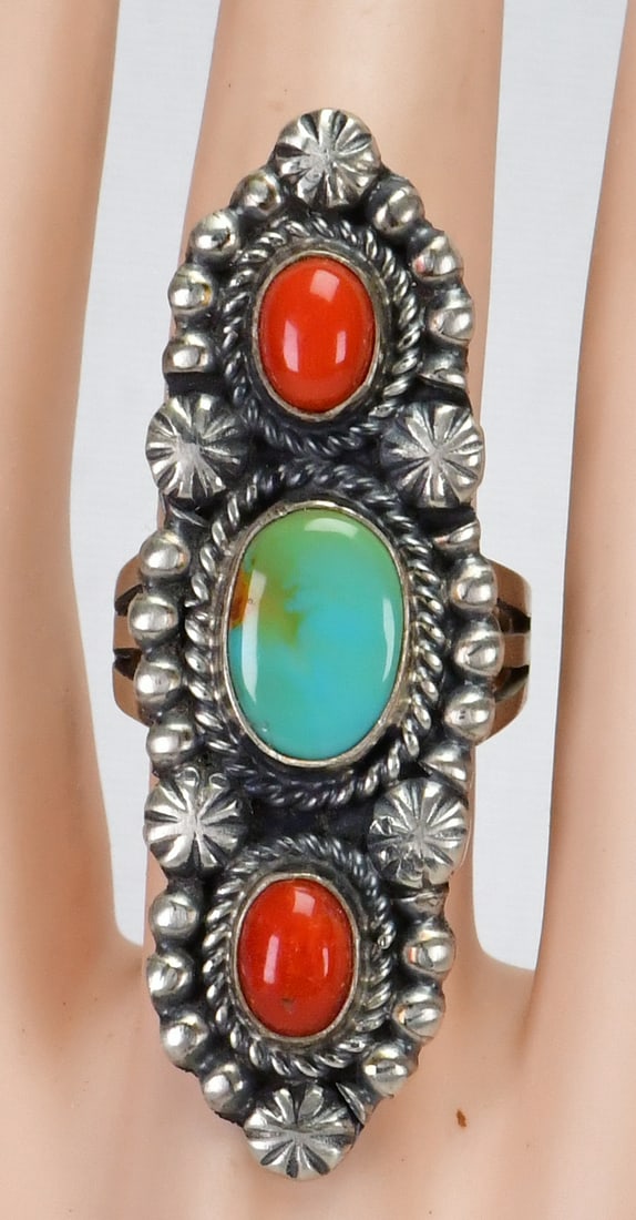 Jeff James, Jr. Sterling Silver Kingman Turquoise & Coral Ring - Size 8.5 (1 of 3)