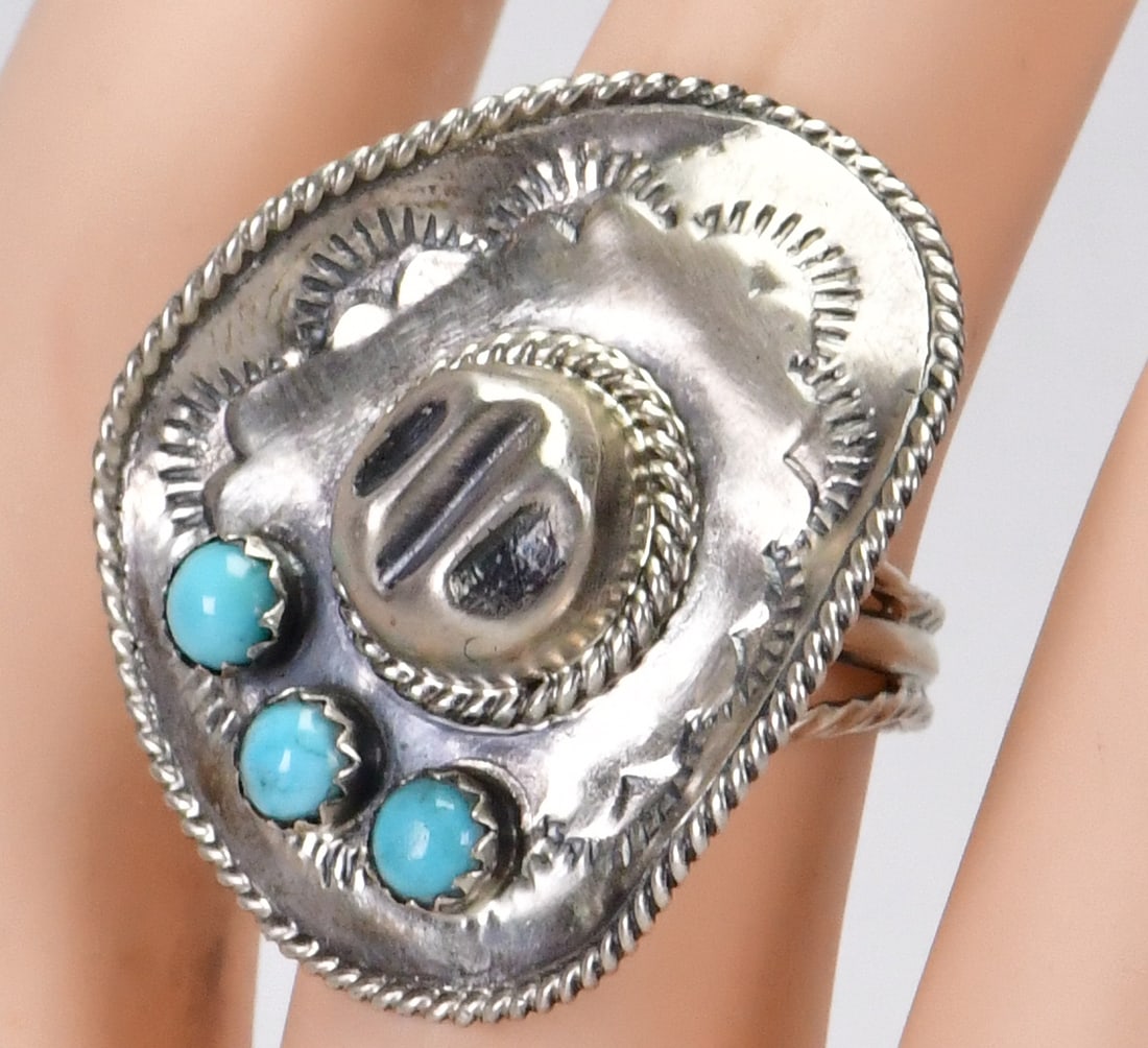 Navajo Sterling Silver Cowboy Hat w/Turquoise Ring - Size 7 (1 of 3)
